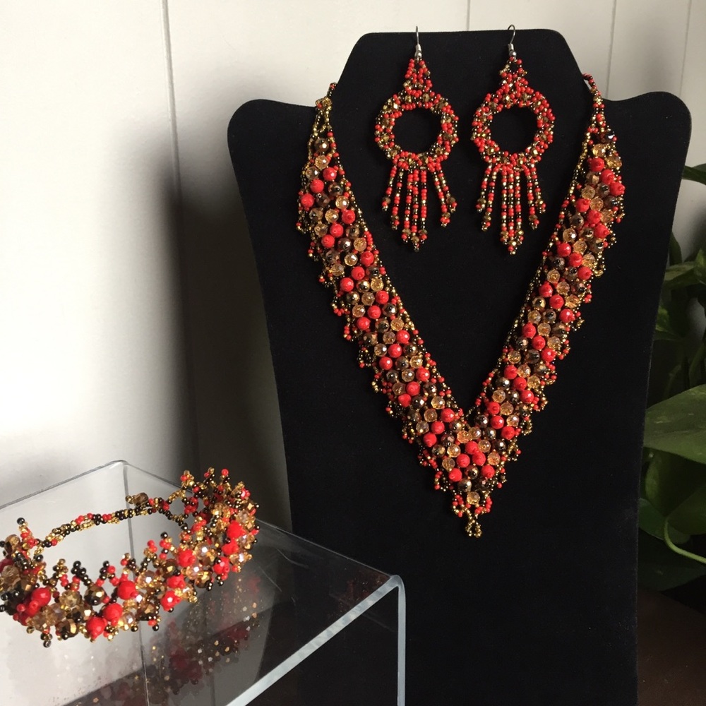 Handmade Beaded Necklace, Bracelet, & Earrings